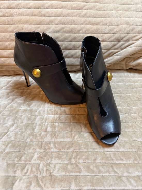 Michael Kors Shoes - Michael Kors Black Leather Peep-Toe Ankle Booties with Gold Button